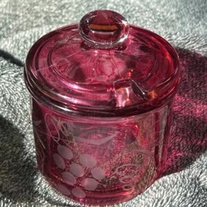 Vintage Etched Cranberry Glass Jam Jar With Lid